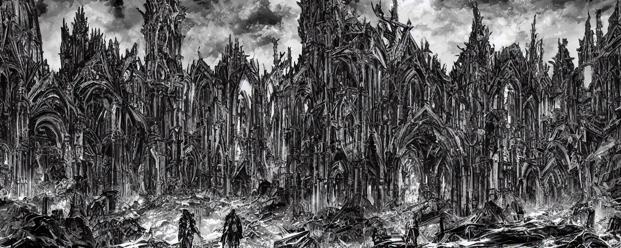 Prompt: gothic church, megalopolis, destroyed city, ultra detailed, miura kentaro style, tsutomu nihei style,