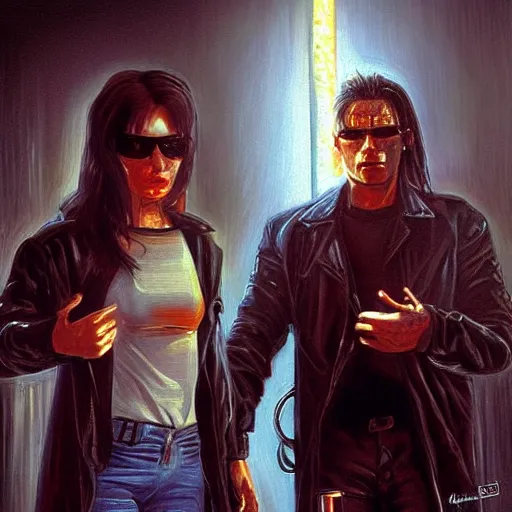 Prompt: the terminator meeting Neo from the Matrix in a restaurant, they eat pizza, highly detailed, digital painting, sharp focus, fantasy art