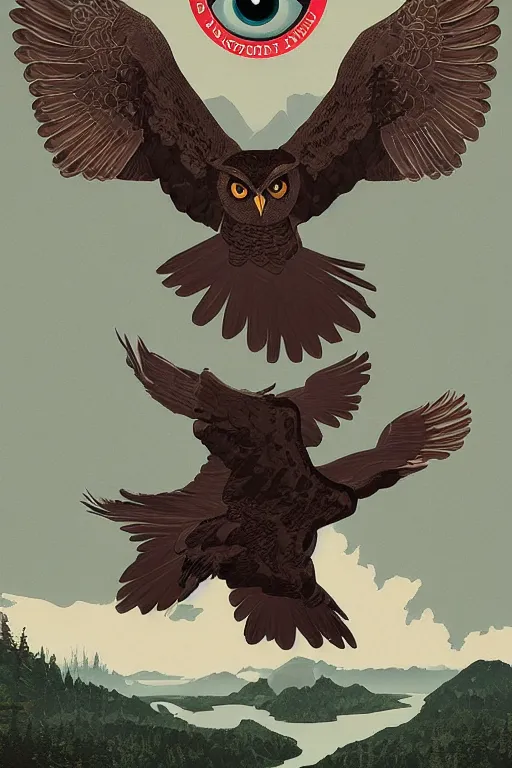 Prompt: Twin Peaks book movie poster artwork by Tomer Hanuka Rendering of an flock ominous owl with a secret, ancient symbol behind it, full of details, by Makoto Shinkai and thomas kinkade, Matte painting, trending on artstation and unreal engine