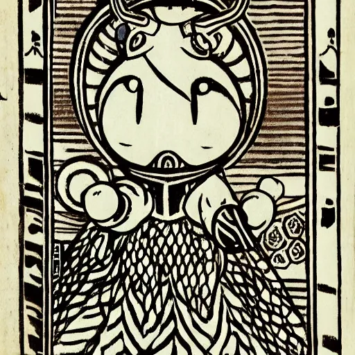 Image similar to Kyubey from Madoka Magica in the style of Japanese and European woodcuts