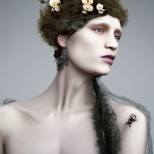 Prompt: long shot kodak portra 4 0 0, 8 k, volumetric lighting, highly detailed, britt marling style 3 / 4 fine art portrait photography in style of paolo roversi, orchid, orchid flower human hybrid, 3 d render 1 5 0 mm lens, art nouveau fashion royal details, elegant hyperrealistic ultra detailed, 8 k