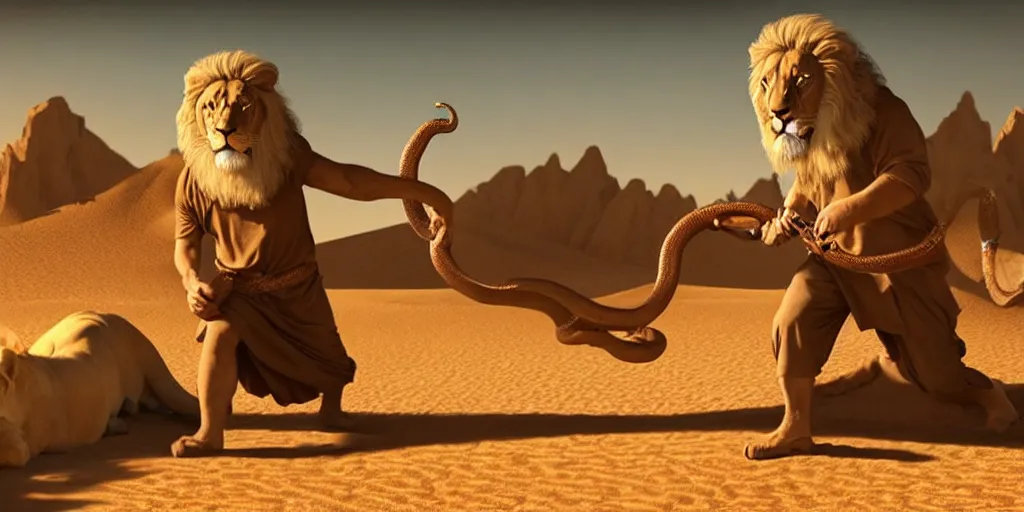 Image similar to a wise old man with a long white beard wearing a hooded tunic, riding a lion in the desert, the man in holding a snake as though it where handlebars and the lion is holding the snake in its mouth, epic cinematic establishing shot, dramatic lighting