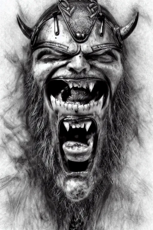 Prompt: viking warrior screaming face, charcoal drawing, dark art, dark fantasy, detailed and 8k