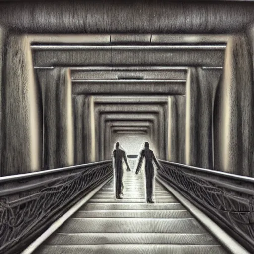 Image similar to a couple of humans walking across a metallic bridge, h. r. giger digital painting