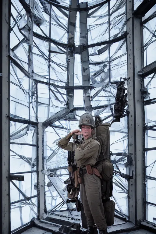 Image similar to kodak portra 5 0 mm f 4 full body portrait photography of a wwii airborne infantry soldier who's a mix of gillian anderson and adam driver, looking exhausted, setting is inside a sci fi megastructure tower looking out a window, photo by erwin olaf