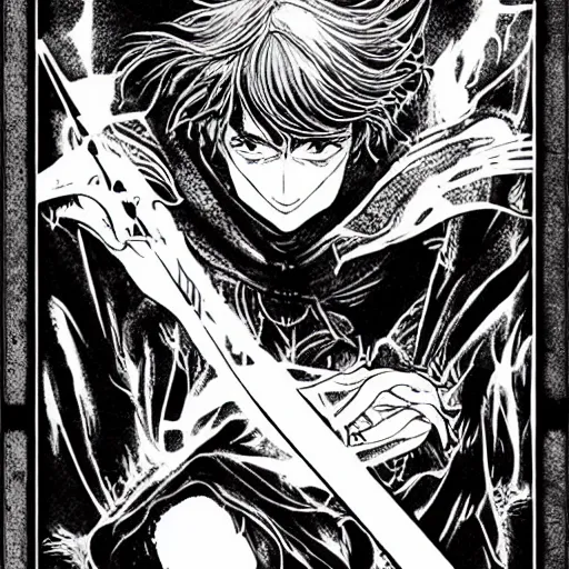 Prompt: pen and ink!!!! attractive 22 year old DnD mage Gantz monochrome!!!! Frank Zappa x Daniel Radcliff highly detailed manga Vagabond!!!! telepathic floating magic swordsman!!!! glides through a beautiful!!!!!!! battlefield magic the gathering dramatic esoteric!!!!!! pen and ink!!!!! illustrated in high detail!!!!!!!! graphic novel!!!!!!!!! by Hiroya Oku!!!!!!!!! MTG!!! award winning!!!! full closeup portrait!!!!! action manga panel