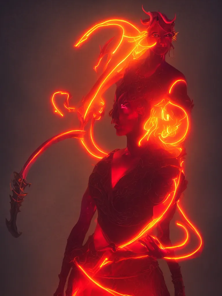 Prompt: A portrait of a tiefling woman made out out translucent fire that looks kind of like a lava lamp, with curving horns and blank eyes, 4k