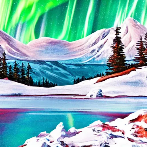 Prompt: icy mountains, lake, northern lights, symmetrical, bright colors