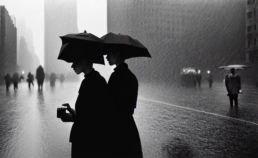 Prompt: cinestill selfie with iphone by vivian maier,, pouring rain menacing lights shadows, 8 k, hd, high resolution, 3 5 mm, f / 3 2, ultra realistic faces, ex machina