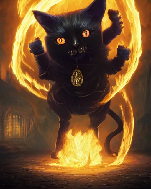 Prompt: oil painting of Anthropomorphized dark Cat Magician casting fire magic spell, evil, glowing eyes, sharp focus, fantasy style, octane render, volumetric lighting, 8k high definition, by greg rutkowski, highly detailed, trending on art Station, magic the gathering artwork, very dark steampunk city backround, centered