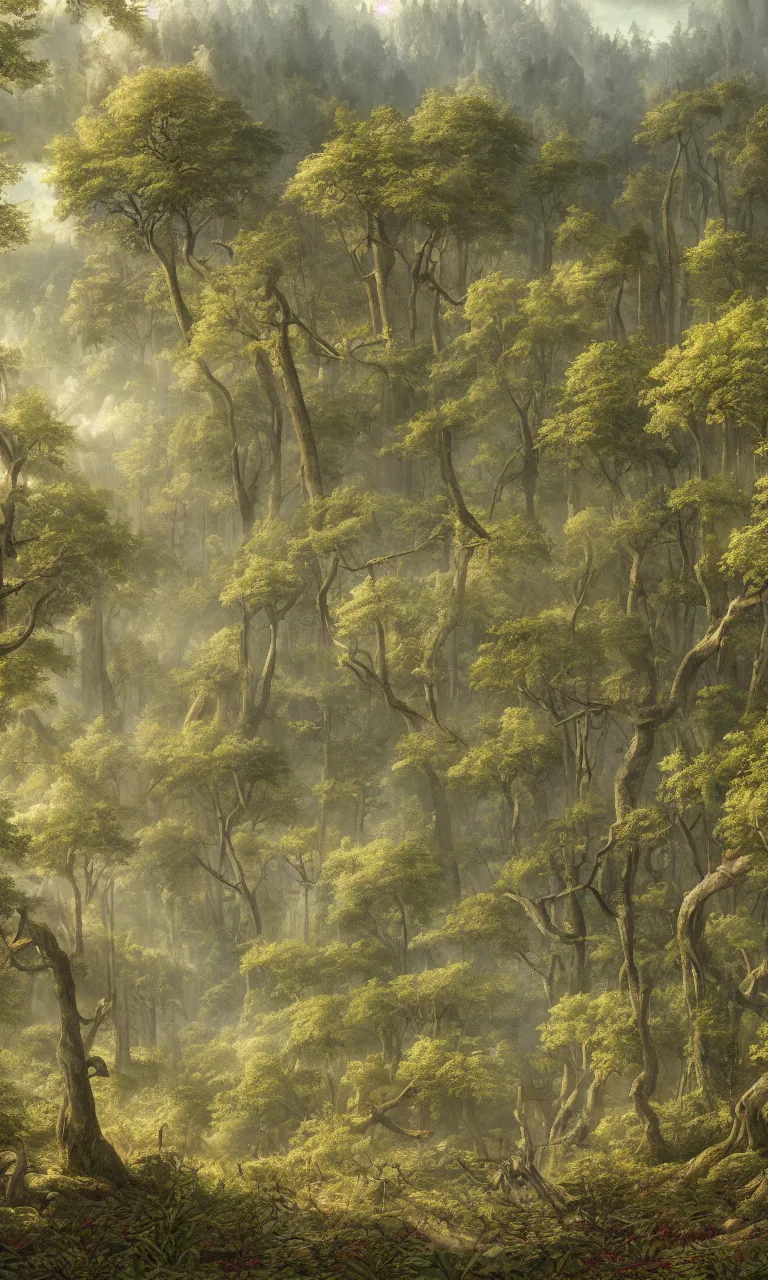 Prompt: A detailed matte painting of a huge forest in Spring in the 15th Century, art by Wylie Beckert and Eric Fortune, highly detailed award-winning masterpiece with incredible and beautiful details, trending on ArtStation