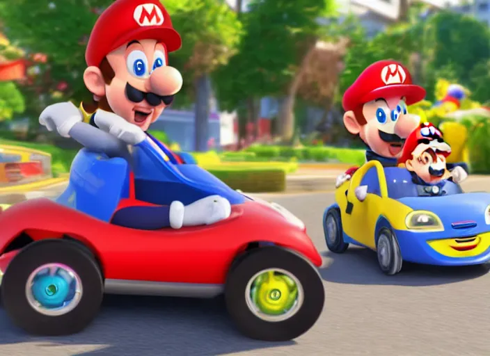 Image similar to steve buscemi driving a little tikes cozy coupe, movie still, from the new mario kart game, 8 k, realistic