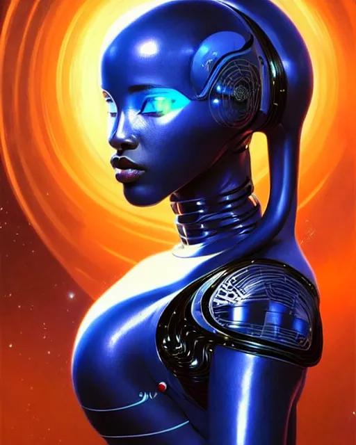 Image similar to Portrait of very very very very very very beautiful african woman, spacesuit, futuristic cybernetic helmet, blue eyes, real life skin, intricate, elegant, highly detailed, artstation, concept art, smooth, sharp focus, art by artgerm and greg rutkowski and alphonse mucha