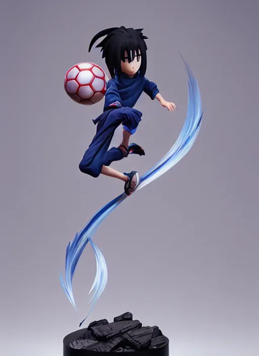 Image similar to chibi uchiha sasuke anime figurine, soccer, art by gerald brom, greg rutkowski and artgerm and james jean and zdzisław beksinski, unreal engine, studio lighting