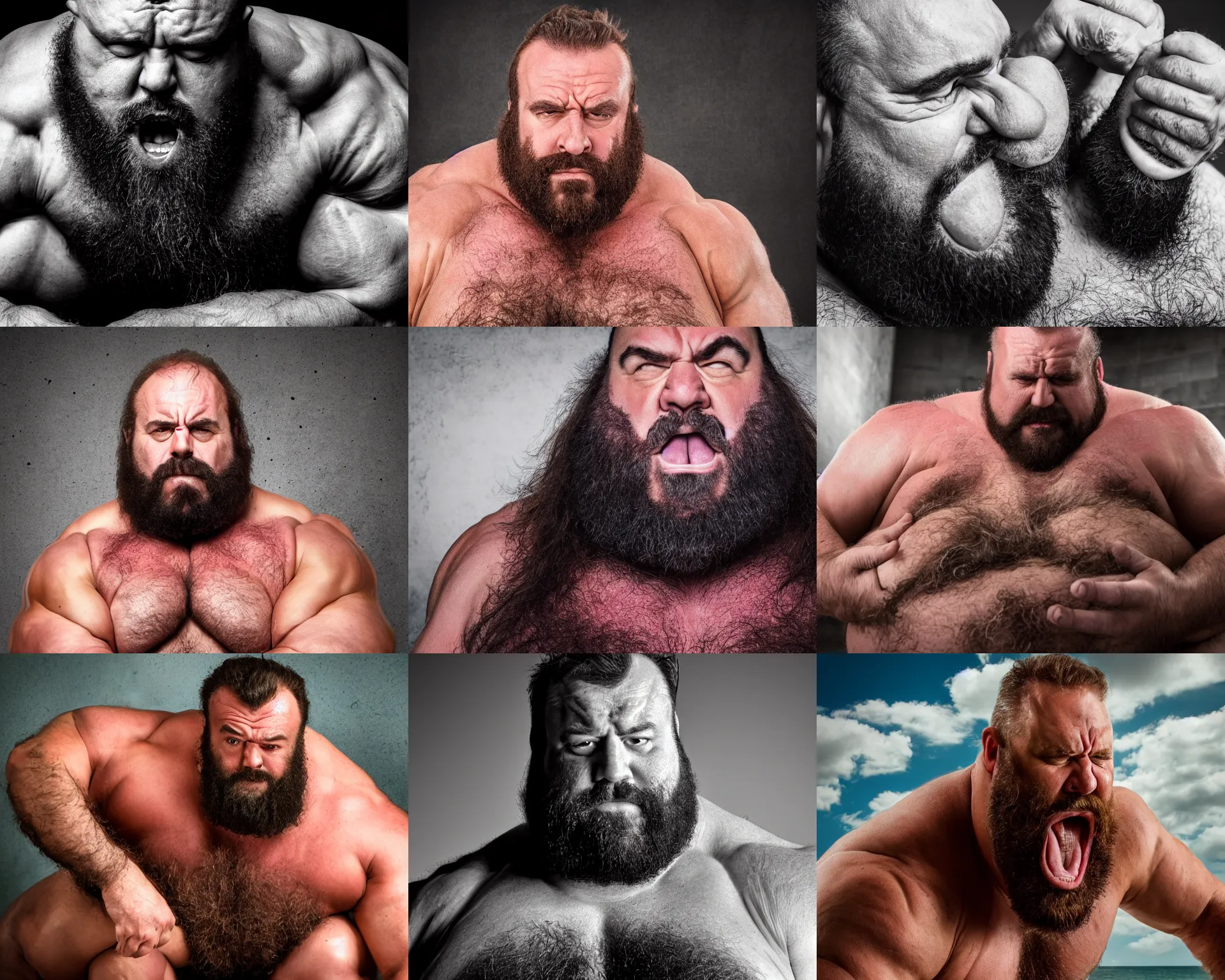 Prompt: portrait of a massive hairy thick muscular masculine dumb strongman hypnotized and drooling, photography, highly detailed, epic, high definition, 4 k, 8 k, dad energy