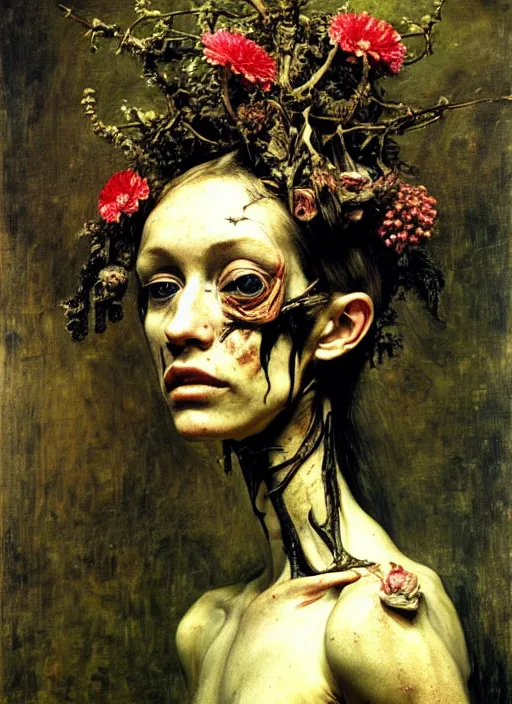 Image similar to beautiful and detailed rotten woman made of plants and many different types of flowers, muscles, intricate, organs, ornate, surreal, john constable, guy denning, gustave courbet, caravaggio, romero ressendi