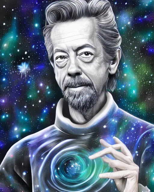 Image similar to alan watts floating in the universe portrait painting highly detailed procreate, featured on artstation