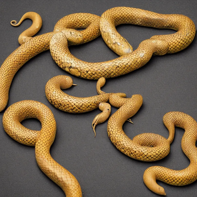 Prompt: amulet with two snakes biting each other\'s tails, forming an oval. one snake is golden the other one is black, reflections, photorealistic, product photo