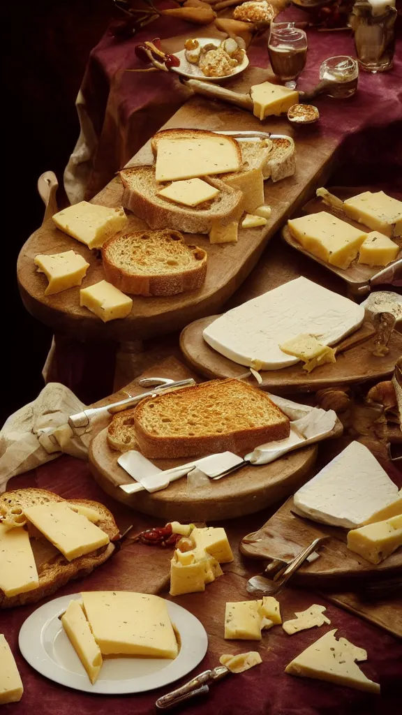 Image similar to 7 0 s food photography of an opulent spread of cheese on toast, on a velvet table cloth, soft focus
