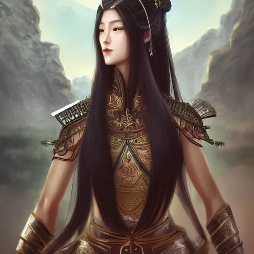 Prompt: ancient chinese dynasty princess, three kingdom, dynasty warriors, standing in an oasis in the desert, elegant, headshot, long black hair, digital painting, smooth, concept art, art by wlop