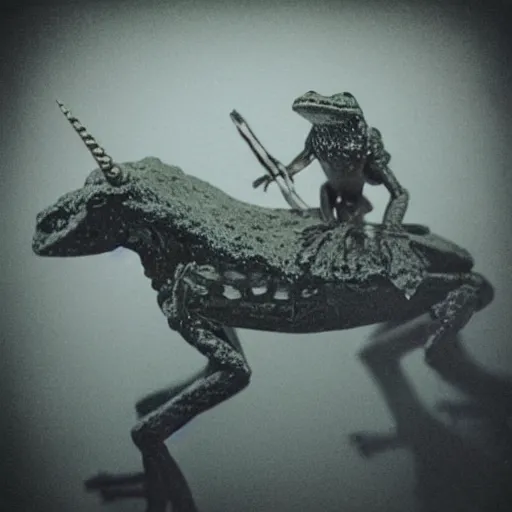 Prompt: frog horseman riding a translucent unicorn skeleton in a thick fog, polaroid photography in style of andrey tarkovski, ominous, mystical, sublime