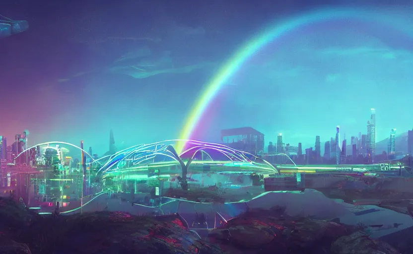 Prompt: A landscape with a giant rainbow bridge, magical, cyberpunk, glowing runes, technology, Low level, rendered by Beeple, Makoto Shinkai, syd meade, simon stålenhag, environment concept, synthwave style, digital art, unreal engine, WLOP, trending on artstation, 4K UHD image, octane render,