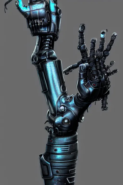 Prompt: a cyberpunk dark metallic arm prosthesis realistic proportions, electric, close look, anatomically correct hand and fingers, sci - fi, rpg, digital painting, artstation, concept art, smooth, 8 k frostbite 3 engine, ultra detailed