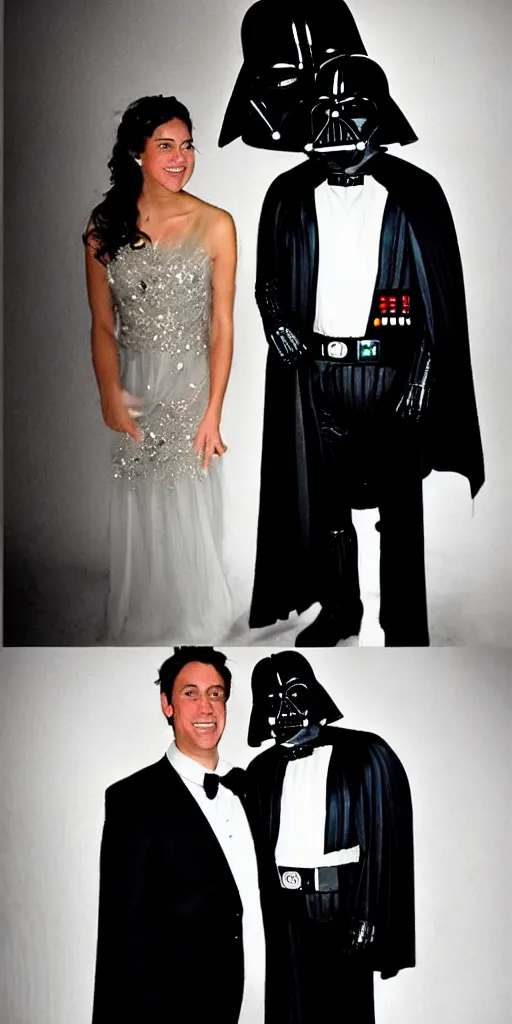 Prompt: Darth Vader wearing a tuxedo with his prom date in awkward prom photos