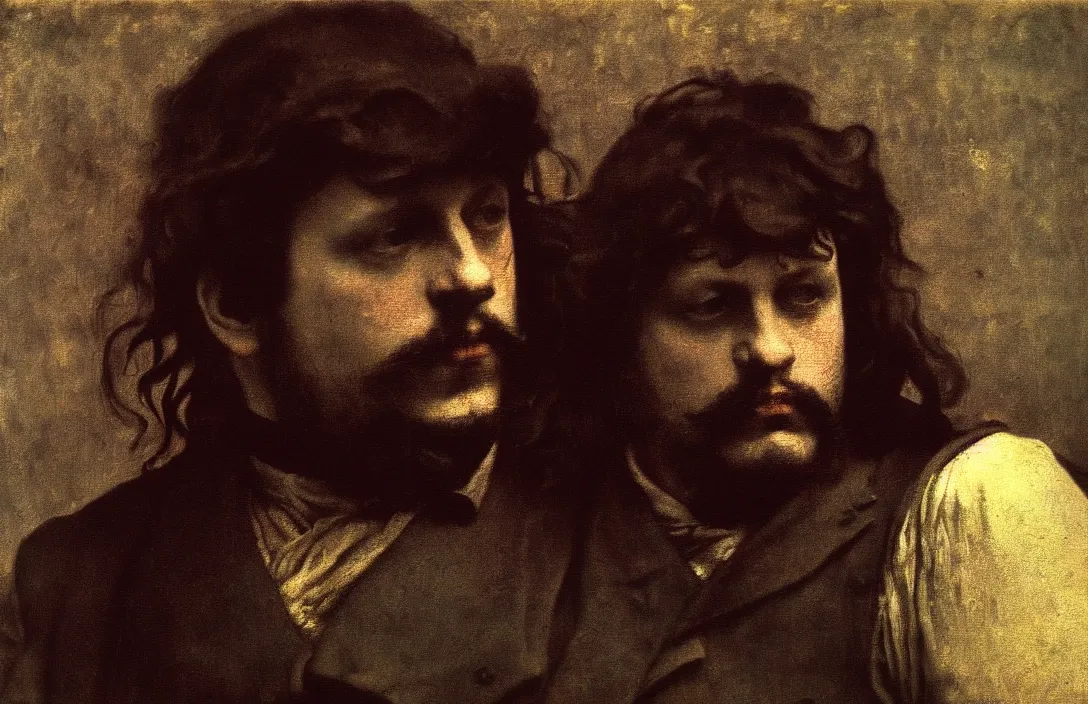 Prompt: main protagonist gustave courbet and french realism work of art intact flawless ambrotype from 4 k criterion collection remastered cinematography gory horror film, ominous lighting, evil theme wow photo realistic postprocessing a painting requires a little mystery, some vagueness, and some fantasy. edgar degas ( 1 9 6 2 ) directed by cinematography by kubrick