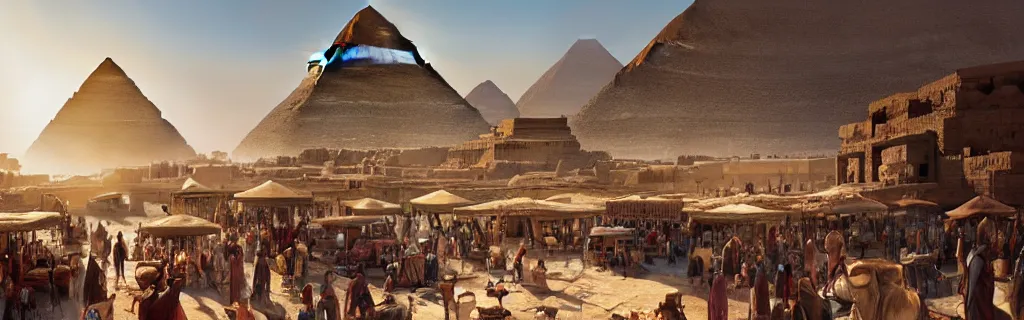 Prompt: a busy marketplace in ancient egypt. 8 k, epic cinematic hyperrealism masterpiece. realistic poster with shaded lighting by craig mallismo, artgerm, jeremy lipkin and michael garmash, unreal engine, radiant light, detailed and complex environment, digital art, art station trends, detailed, lens flare, motion blur