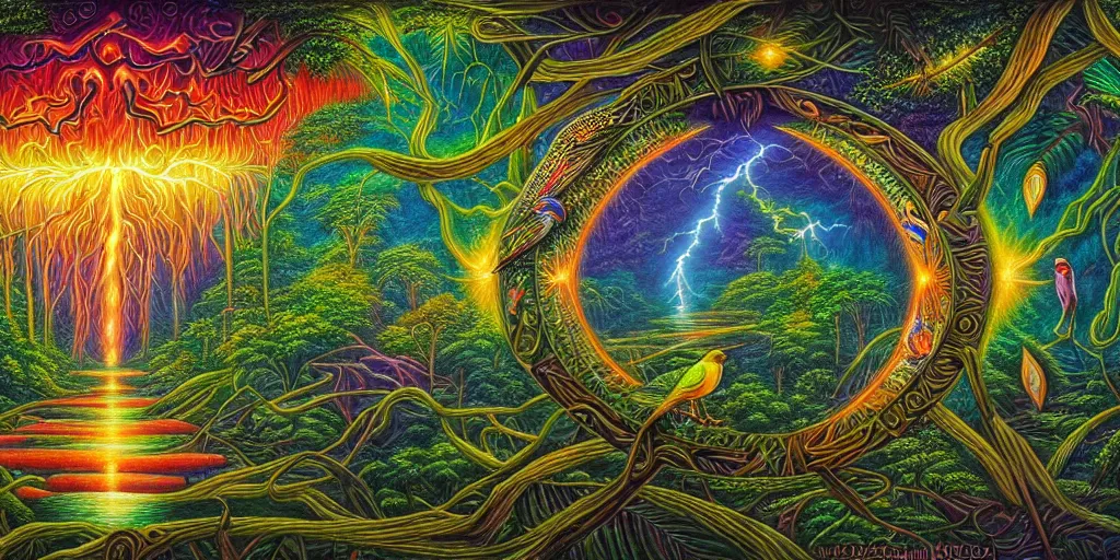 Image similar to visionary art, rainforest trapped within a lightning bolt, with great birds, rich geometry, precise and incredibly highly detailed intricate 8 k wallpaper, john stephens, lisa frank, intricate stunning award winning masterpiece trending on artstation
