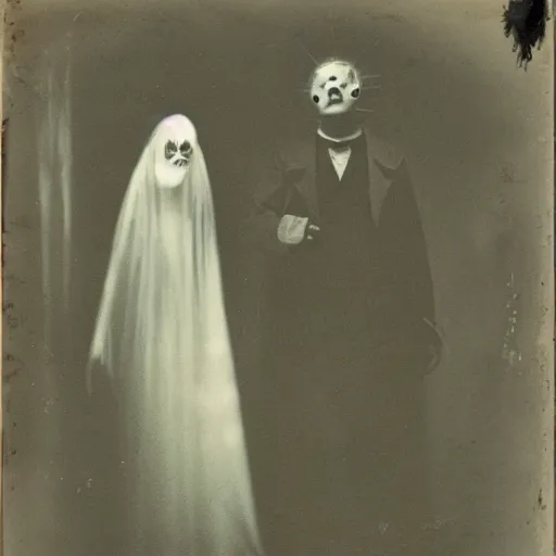 Image similar to spirit photography with glowing bulbous ectoplasm, scary shadow people, couple mourning, sleep paralysis demon, plasma lightning bolts, 1 9 0 0 s, slimer, summoning tall horned demon, mourning family, invoke fear and dread, old photograph, daguerreotype