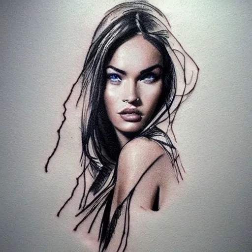 Image similar to realism tattoo sketch of double exposure megan fox with beautiful mountain scenery, in the style of andrey lukovnikov