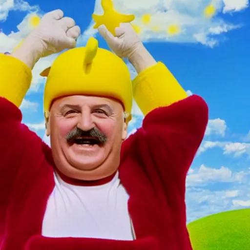 Image similar to happy alexander lukashenko starring in teletubbies