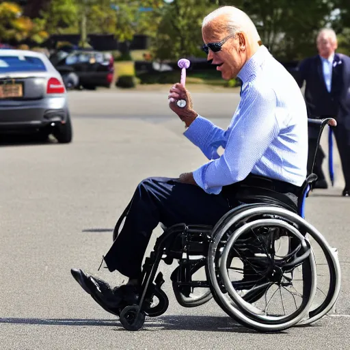 Prompt: joe biden in a wheelchair licking lollypop