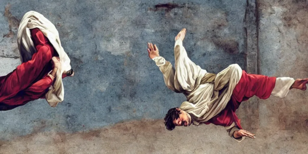 Image similar to jesus breakdancing