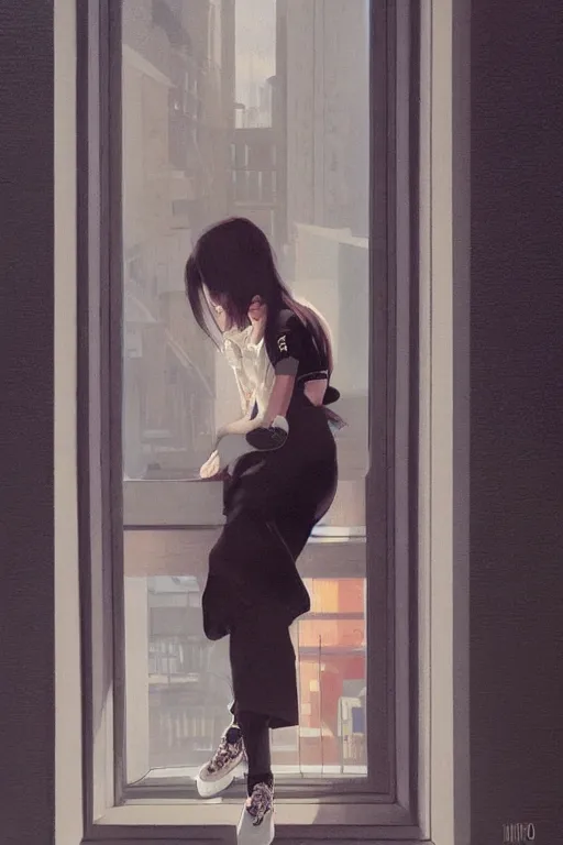 Prompt: A ultradetailed beautiful panting of a stylish woman sitting next to a window, she is wearing streetwear, Oil painting, by Ilya Kuvshinov, Greg Rutkowski and Makoto Shinkai