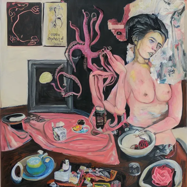 Image similar to a portrait in a female artist's bedroom, black walls, girl eating pancakes, emo t - shirt, sheet music, berries, surgical supplies, handmade pottery, flowers, sensual, octopus, neo - expressionism, surrealism, acrylic and spray paint and oilstick on canvas