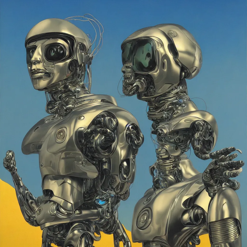 Image similar to portrait of a futuristic robot terminator in the style of Moebius + maxfield parrish + Thomas Ehretsmann, nice colors, hyper-realistic, intrincate, detailed, 8k, goauche painting, bright colors