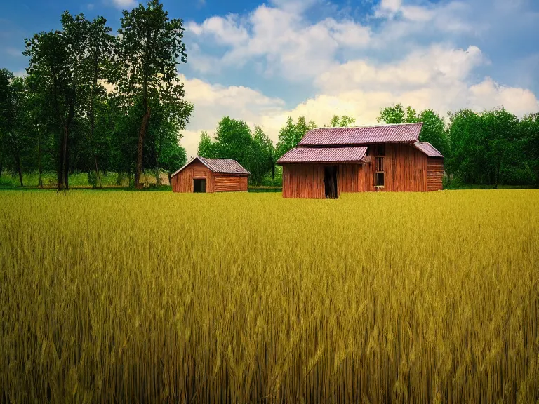 Prompt: hyperrealism photography of beautiful eco house around the forest in small ukrainian village by taras shevchenko, wheat field behind the house