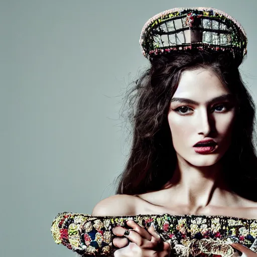 Prompt: close up of face of fashion model with dress, official dolce and gabbana editorial, highly detailed