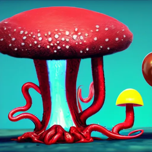 Prompt: !dream an alien mushroom with tentacles, a red cap, oozing black goo melty, drippy, unreal engine