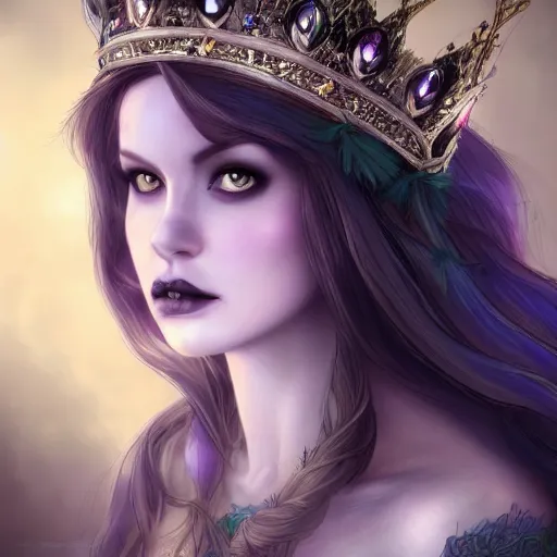 Image similar to detailed portrait of a dark fairy queen, crown, pixie, iris, realism, pale blue, emerald, galaxy, sapphire,dark purple crown,leaves, moonlit, dark fantasy, dramatic lighting, cgsociety, artstation