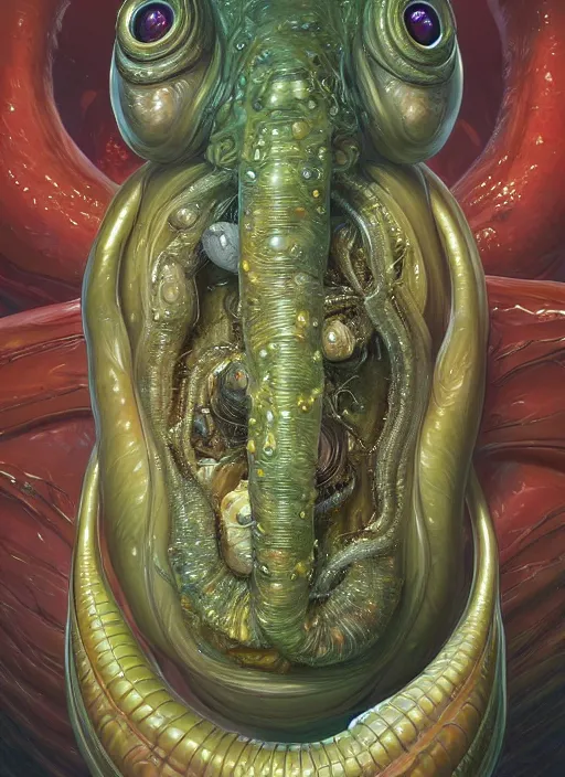 Image similar to full body shot of elon musk as slimy mollusk character, drool, wide angle, intricate, elegant, highly detailed, digital painting, artstation, concept art, wallpaper, smooth, sharp focus, illustration, art by artgerm and greg rutkowski and h. r. giger and alphonse mucha