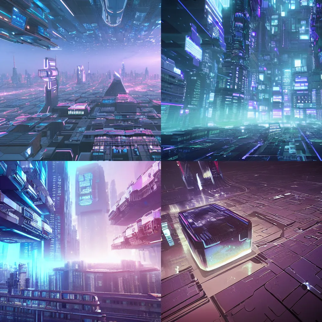 Prompt: a cyber punk city, floating above the sky