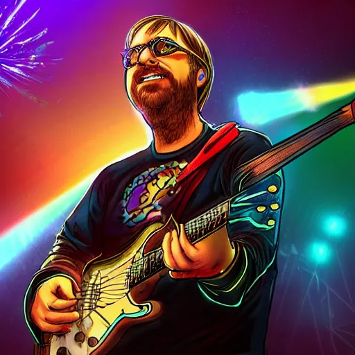 Prompt: a Trey Anastasio guitarist playing so intensely there is electricity shooting out from his guitar, energy beams under his finger tips, and magic sparkles from the freboard, amazing ditial art, trending on artstation, featured on deviantart