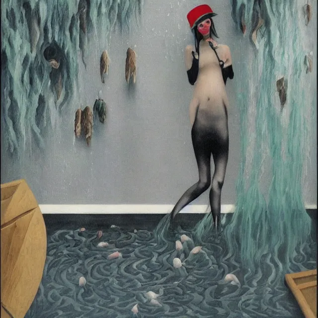 Image similar to tall female emo artist in her flooded kitchen, water gushing from ceiling, painting of flood waters inside an artist's home, a river flooding indoors, pomegranates, pigs, ikebana, zen, water, octopus, river, rapids, waterfall, black swans, canoe, berries, acrylic on canvas, surrealist, by magritte and monet
