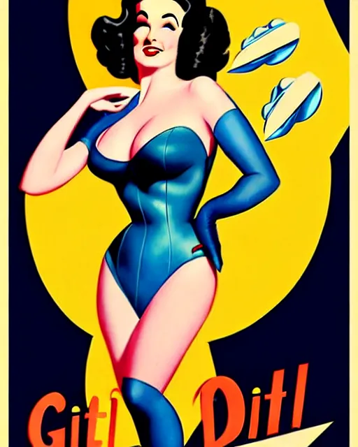 Image similar to a retro sci - fi pinup illustration of dita von teese in the style of alberto vargas and in the style of gil elvgren.