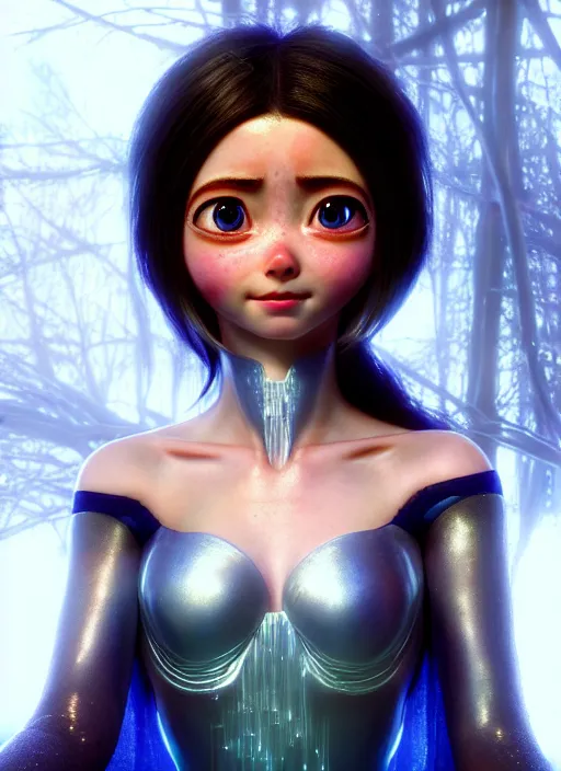 Image similar to Alita as Elsa, au naturel, hyper detailed, digital art, trending in artstation, cinematic lighting, studio quality, smooth render, unreal engine 5 rendered, octane rendered, art style by klimt and nixeu and ian sprigger and wlop and krenz cushart