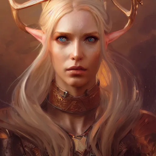 Image similar to A head-on detailed oil fantasy portrait of a pretty elf woman with subtle copper horns, long blonde hair and bright copper irises, by greg rutkowski, trending on artstation, dungeon and dragons art